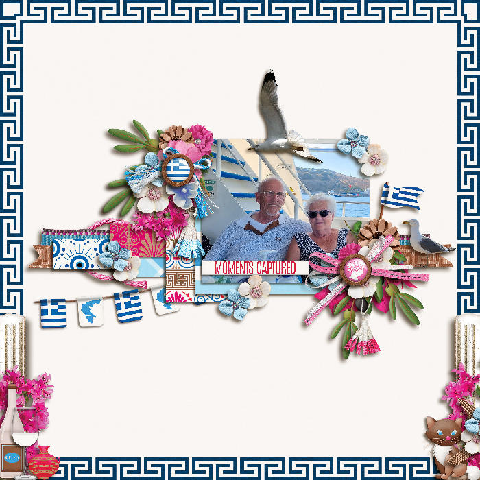 Blue, white and Bougainvillea